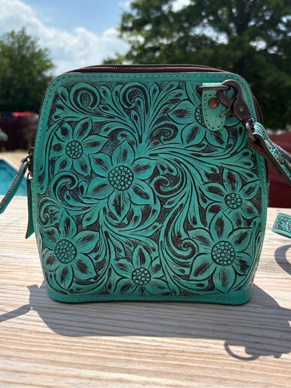 American Darling Turquoise Hand Tooled Floral Leather Crossbody Bag